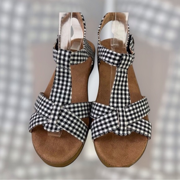 Land End Ginghams Black White Plaid Velcro Straps Summer Women Sandals - Picture 1 of 8